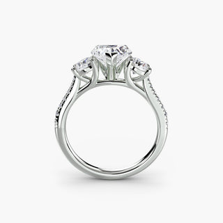 Three stone cathedral pavé engagement ring setting in white gold with heart-shaped side details, designed for lab-grown diamonds.