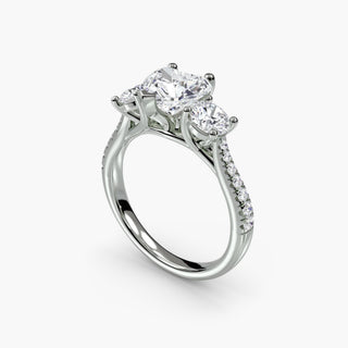 Three stone cathedral pavé engagement ring setting with heart-shaped lab-grown diamonds in white gold, viewed from four angles.