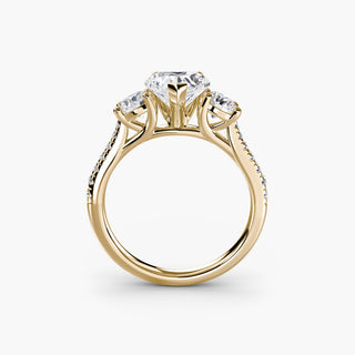 Three stone cathedral pavé engagement ring setting with yellow gold band, featuring heart-shaped accents, by LabGrownDiamonds.com.