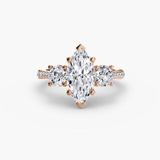 LabGrownDiamonds.com three-stone cathedral pave engagement ring setting featuring marquise-shaped center stones and intricate metalwork.