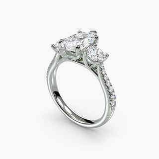 Three stone cathedral pave engagement ring setting with marquise diamonds in white gold from LabGrownDiamonds.com, shown from four angles.