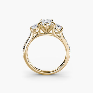 Three stone cathedral pave engagement ring setting with marquise-shaped center and side stones, crafted by LabGrownDiamonds.com.