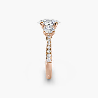 LabGrownDiamonds.com three stone cathedral pavé engagement ring setting with oval center and side stones, showcasing elegant craftsmanship.