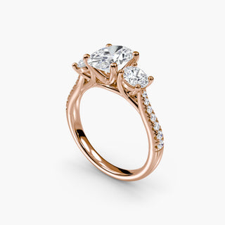 LabGrownDiamonds.com three stone cathedral pavé engagement ring setting with oval center stone, viewed from four angles.