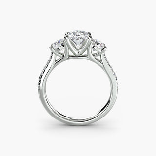 LabGrownDiamonds.com three stone cathedral pave engagement ring with oval center, featuring intricate metalwork and sparkling pavé setting.