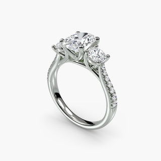 Three stone cathedral pavé engagement ring setting with oval lab-grown diamonds in white gold, viewed from four angles.