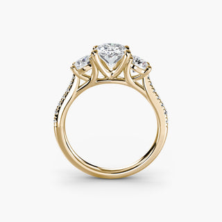 Three stone cathedral pavé engagement ring setting with lab-grown diamonds, featuring oval center stones and yellow gold finish.