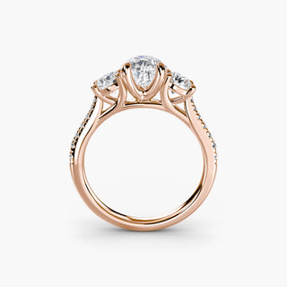 LabGrownDiamonds.com three stone cathedral pavé engagement ring setting with pear-shaped center stone, front view.