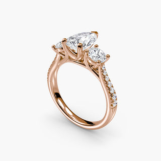 Three-stone cathedral pavé engagement ring setting with lab-grown diamonds, shown from four angles.