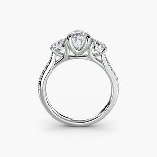 Three stone cathedral pave engagement ring setting in white gold with lab-grown diamonds, front view showcasing intricate design.