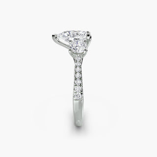 LabGrownDiamonds.com three-stone cathedral pavé engagement ring setting with pear-shaped center stone and side detailing in white gold