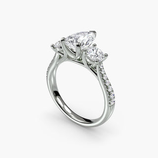 Three stone cathedral pave engagement ring setting in white gold with pear-shaped lab-grown diamonds, displayed from four angles.