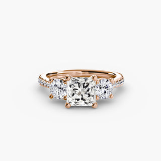 LabGrownDiamonds.com three stone cathedral pavé engagement ring setting with princess-cut center stones and intricate metalwork.