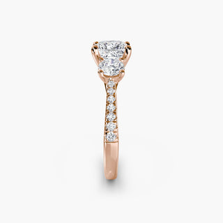 Three stone cathedral pavé engagement ring setting with lab-grown diamonds, showcasing detailed craftsmanship from LabGrownDiamonds.com