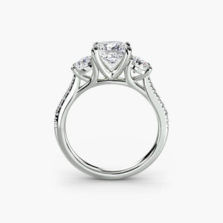 LabGrownDiamonds.com three stone cathedral pavé engagement ring featuring a princess cut center stone and detailed band design.