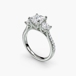 LabGrownDiamonds three-stone cathedral pavé engagement ring in white gold, showcasing a princess cut center stone from multiple angles.