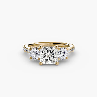 Three stone cathedral pavé engagement ring setting with yellow gold band, featuring princess cut diamonds, by LabGrownDiamonds.com