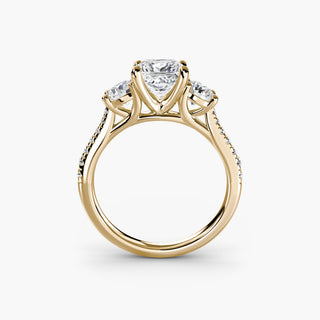 Three stone cathedral pavé engagement ring setting with yellow gold finish, featuring princess cut center stones and intricate metalwork.