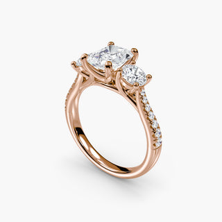 Three stone cathedral pave engagement ring setting with lab-grown diamonds, showcasing radiant stones from multiple angles.