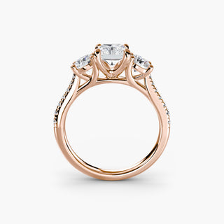 Three stone cathedral pave engagement ring setting with radiant lab-grown diamonds, showcasing intricate metalwork and sparkling stones.