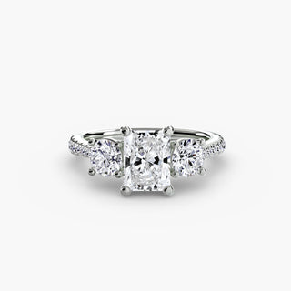 LabGrownDiamonds.com three stone cathedral pavé engagement ring setting with radiant cut center stone and detailed metalwork.