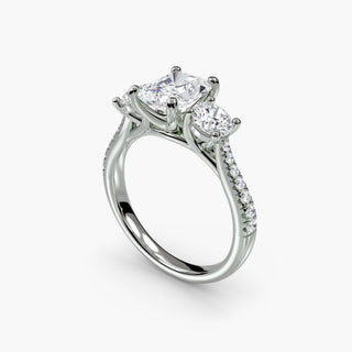 Three stone cathedral pavé engagement ring setting in white gold with detailed side views, showcasing intricate craftsmanship.