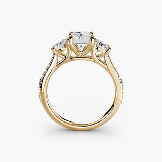 Three stone cathedral pavé engagement ring setting with yellow gold finish, showcasing intricate details and sparkling lab-grown diamonds.