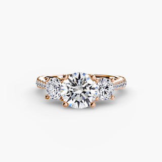 Three stone cathedral pave engagement ring setting with round diamonds, crafted by LabGrownDiamonds.com, showcasing intricate metalwork.