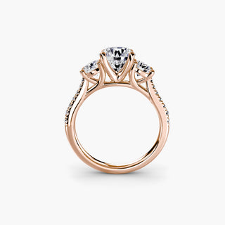 LabGrownDiamonds.com three stone cathedral pavé engagement ring with round cut diamonds, shown from the front.