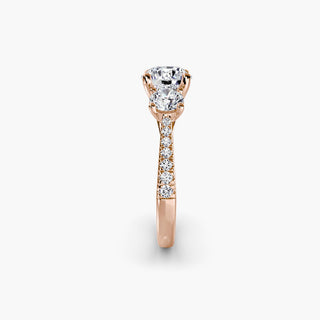 LabGrownDiamonds three stone cathedral pave engagement ring setting with round diamonds, shown from a side angle.