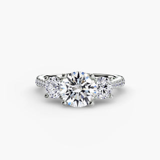 Three stone cathedral pave engagement ring setting with round lab-grown diamonds in white gold, showcasing intricate craftsmanship.