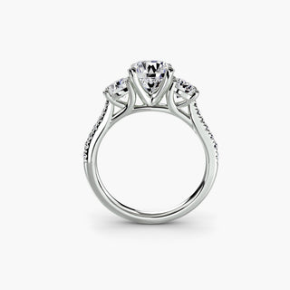 LabGrownDiamonds.com three stone cathedral pavé engagement ring setting in white gold with round diamonds, front view.