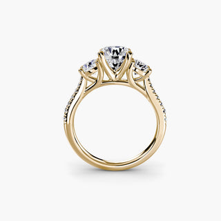 Three stone cathedral pave engagement ring with round diamonds in yellow gold setting by LabGrownDiamonds.com, front view.
