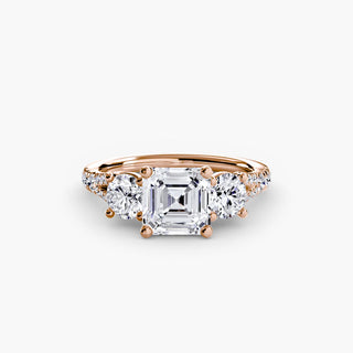 LabGrownDiamonds.com three-stone split shank pavé engagement ring setting with asscher-cut center stones and detailed metalwork.