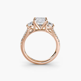 Three stone split shank pavé engagement ring setting with asscher-cut center stone, crafted by LabGrownDiamonds.com.