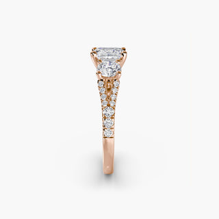 Three stone split shank pavé engagement ring setting with side view, featuring lab-grown diamonds and an elegant Asscher cut design.