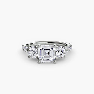 Three stone split shank pavé engagement ring setting with lab-grown diamonds and Asscher cut accents in white gold.