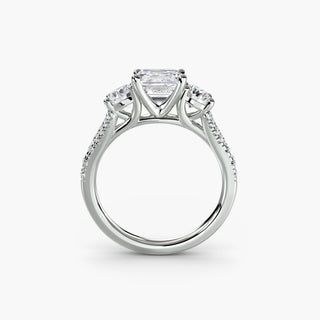 Three stone split shank pavé engagement ring setting with asscher cut center stone in white gold from LabGrownDiamonds.com