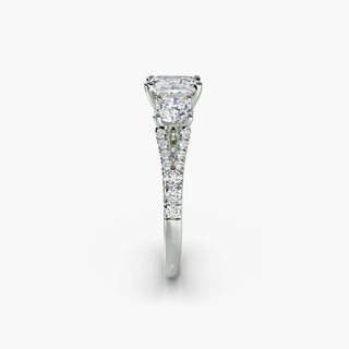 Three stone split shank pavé engagement ring setting in white gold with side view, showcasing detailed craftsmanship from LabGrownDiamonds.com.
