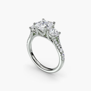Three-stone split shank pavé engagement ring setting with asscher-cut accents in white gold from LabGrownDiamonds.com.