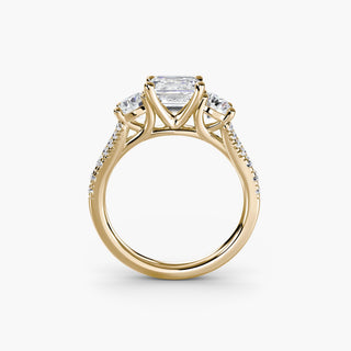 Three stone split shank pavé engagement ring setting with yellow gold finish, featuring intricate detailing and sparkling lab-grown diamonds.