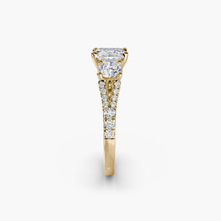 Three stone split shank pavé engagement ring setting with yellow gold finish and side view details, designed for lab-grown diamonds.