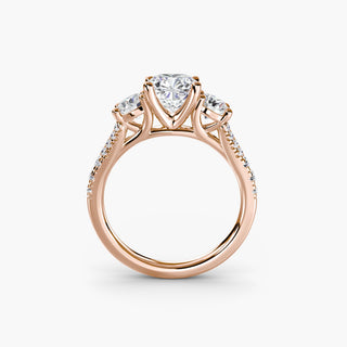 Three stone split shank pavé engagement ring setting with cushion-cut center, featuring detailed pavé band, by LabGrownDiamonds.com
