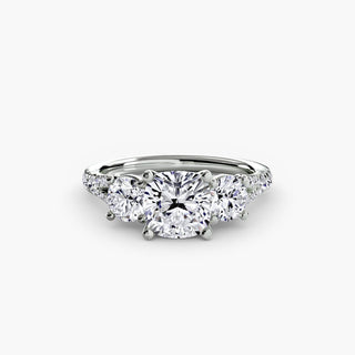 Three stone split shank pavé engagement ring setting with cushion cut center stone in white gold by LabGrownDiamonds.com