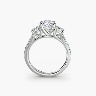 Three stone split shank pavé engagement ring setting with cushion-cut center, crafted by LabGrownDiamonds.com, shown from the front.