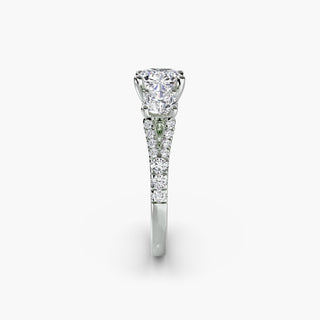 Three stone split shank pavé engagement ring setting with cushion-cut center, crafted by LabGrownDiamonds.com, featuring side detailing.