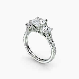 Three stone split shank pavé setting for engagement ring with cushion cut diamonds, crafted by LabGrownDiamonds.com.