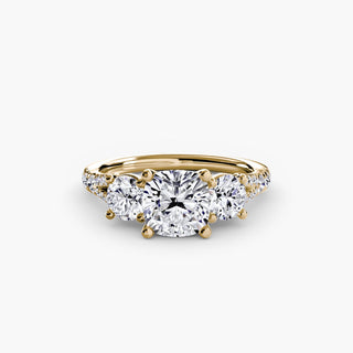 Three stone split shank pavé engagement ring setting with cushion cut center stone, featuring intricate detailing and lab-grown diamonds.