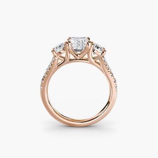 Three stone split shank pavé engagement ring setting with emerald cut diamonds, crafted by LabGrownDiamonds.com.