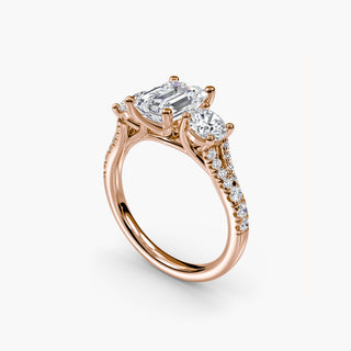 Three stone split shank pavé engagement ring setting with emerald-cut accents from LabGrownDiamonds.com, shown from four angles.